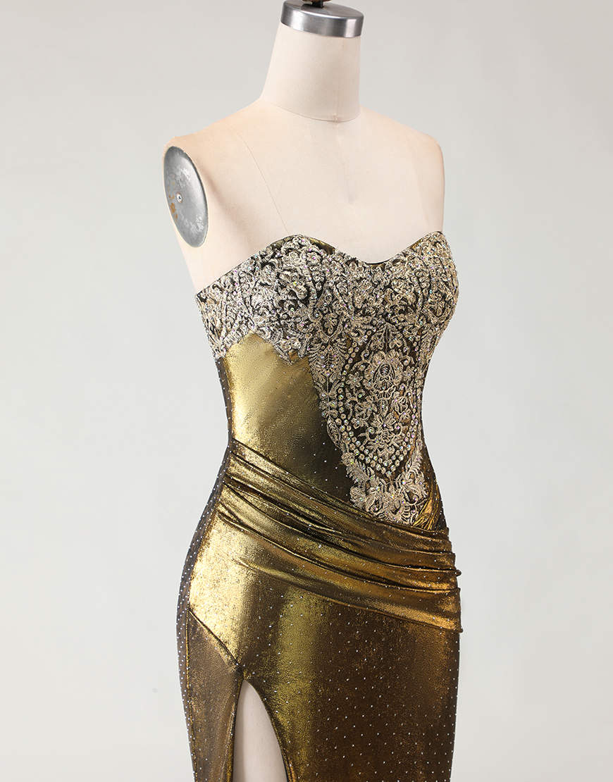 Sparkly Mermaid Bronze Long Metallic Prom Dress with Slit