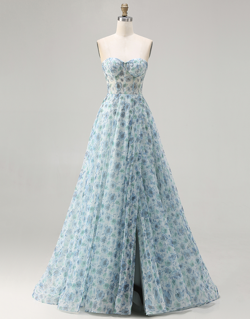 Sparkly Blue Floral Corset Chiffon Beaded Long Prom Dress with Slit