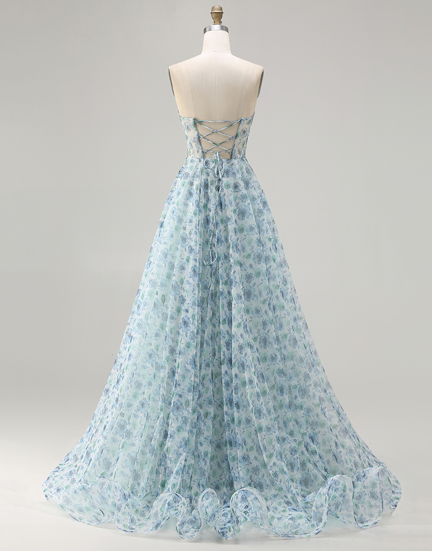 Sparkly Blue Floral Corset Chiffon Beaded Long Prom Dress with Slit