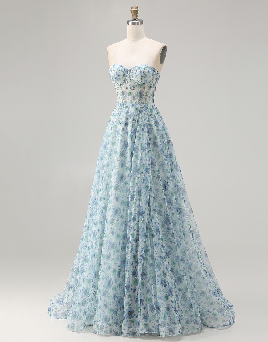 Sparkly Blue Floral Corset Chiffon Beaded Long Prom Dress with Slit