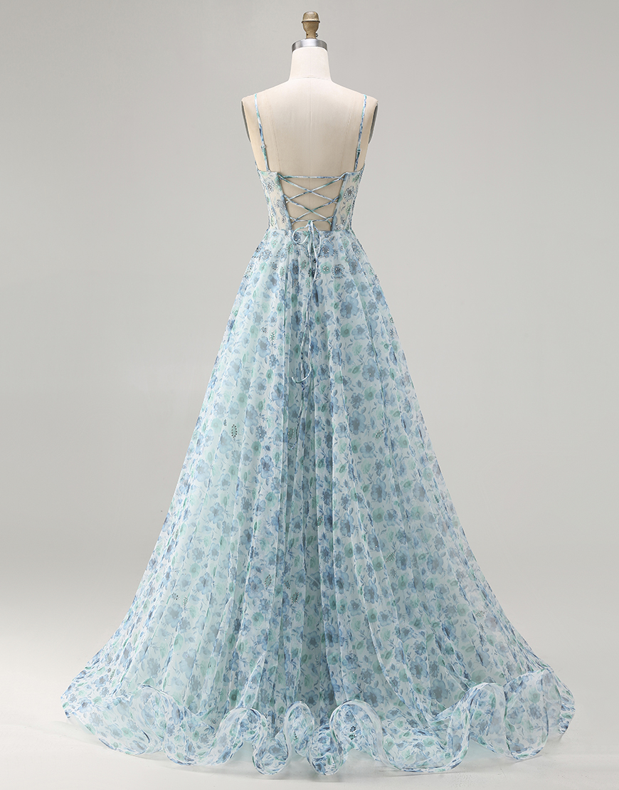 Sparkly Blue Floral Corset Chiffon Beaded Long Prom Dress with Slit