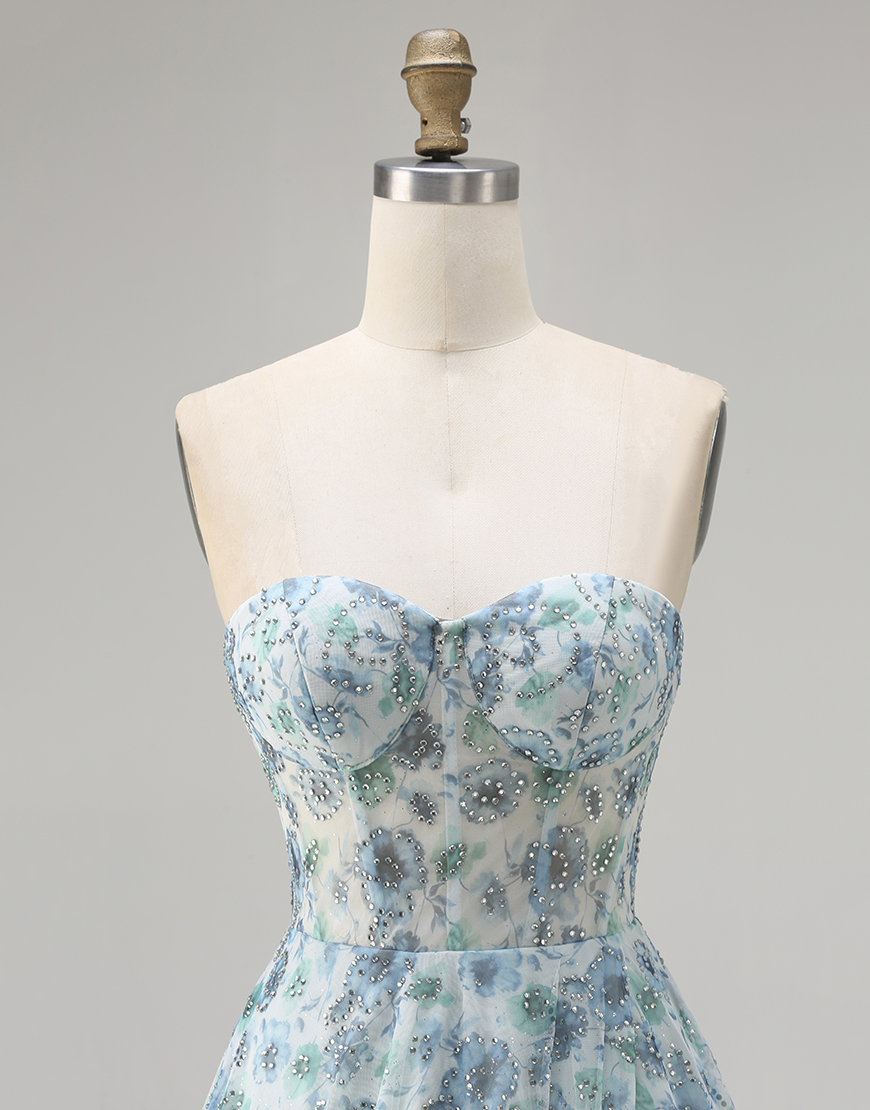 Sparkly Blue Floral Corset Chiffon Beaded Long Prom Dress with Slit