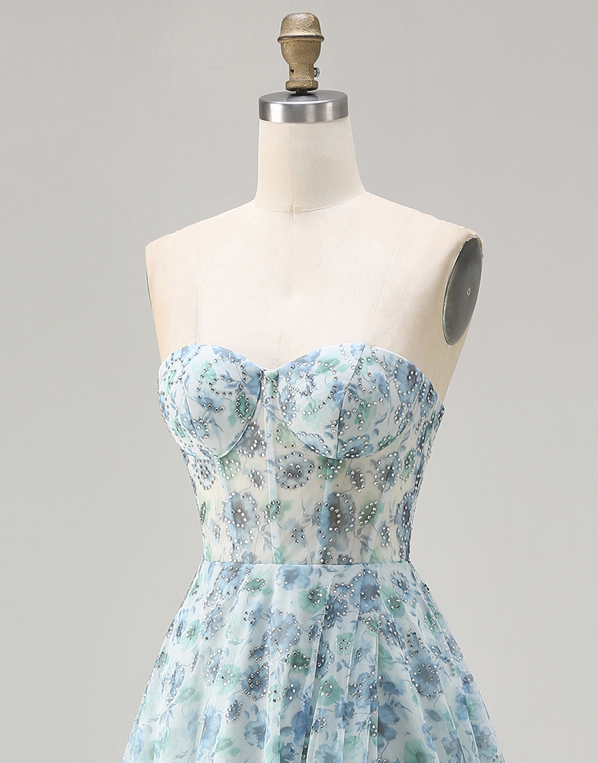 Sparkly Blue Floral Corset Chiffon Beaded Long Prom Dress with Slit