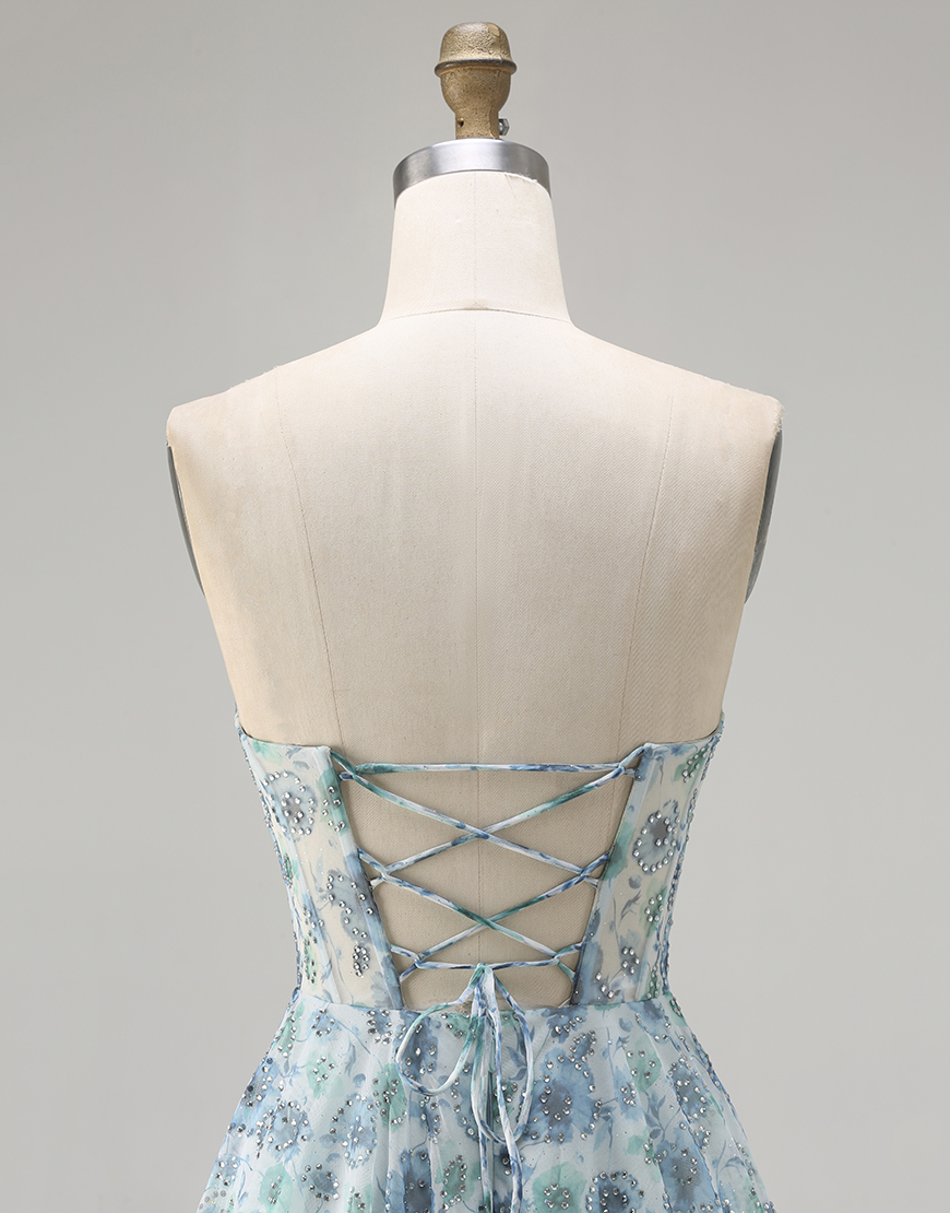 Sparkly Blue Floral Corset Chiffon Beaded Long Prom Dress with Slit