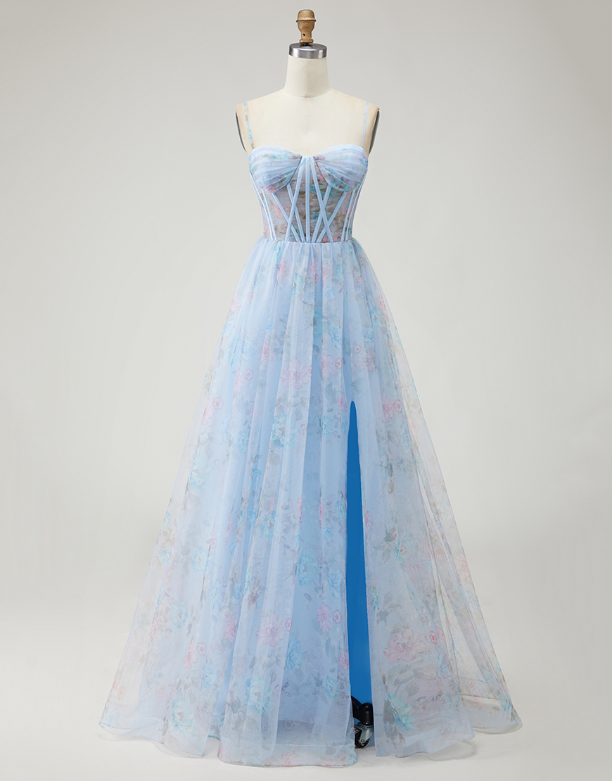 Blue Floral Corset Spaghetti Straps Long Prom Dress with Slit