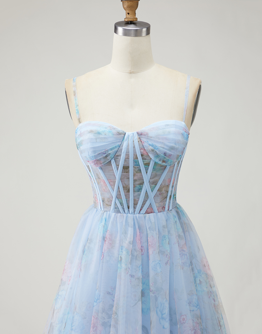 Blue Floral Corset Spaghetti Straps Long Prom Dress with Slit