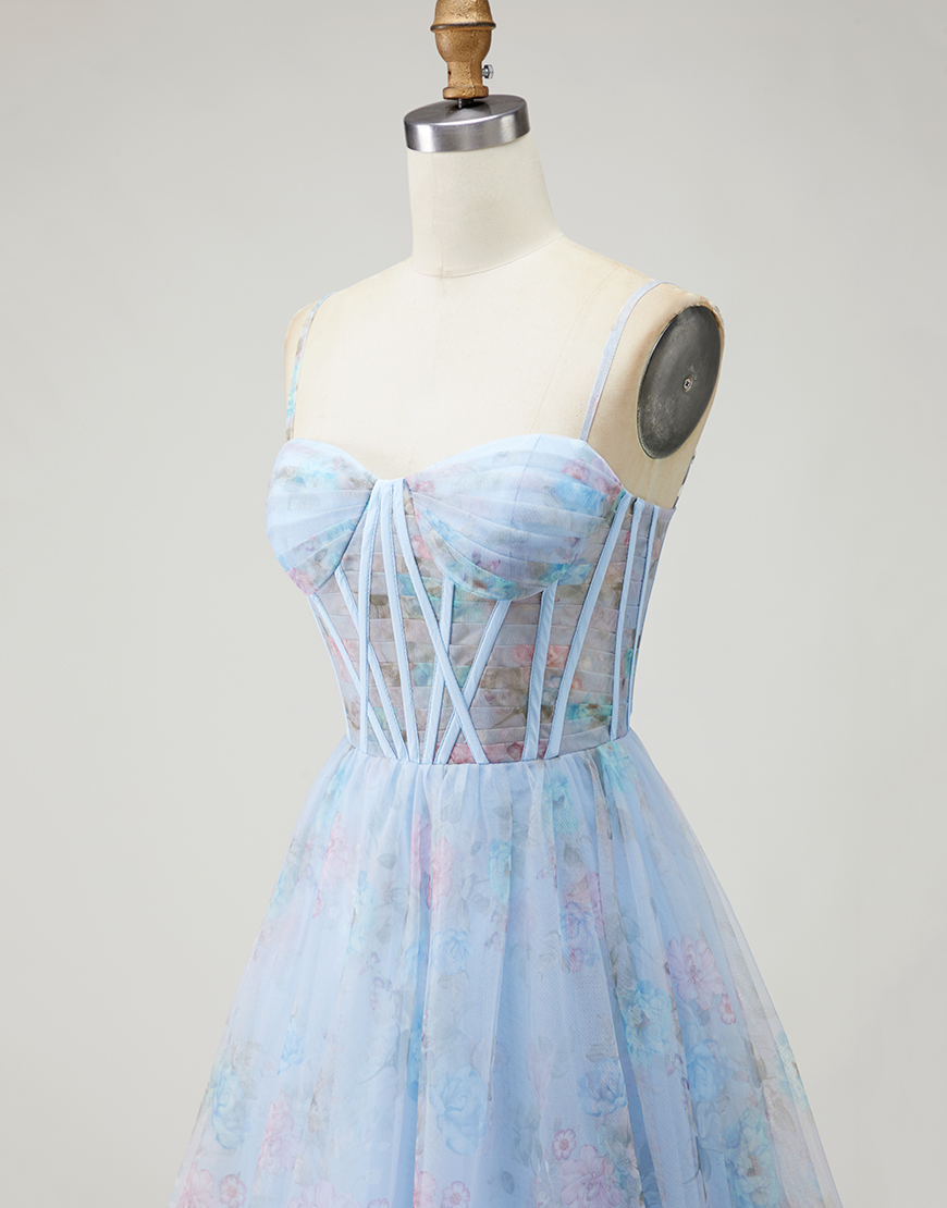 Blue Floral Corset Spaghetti Straps Long Prom Dress with Slit