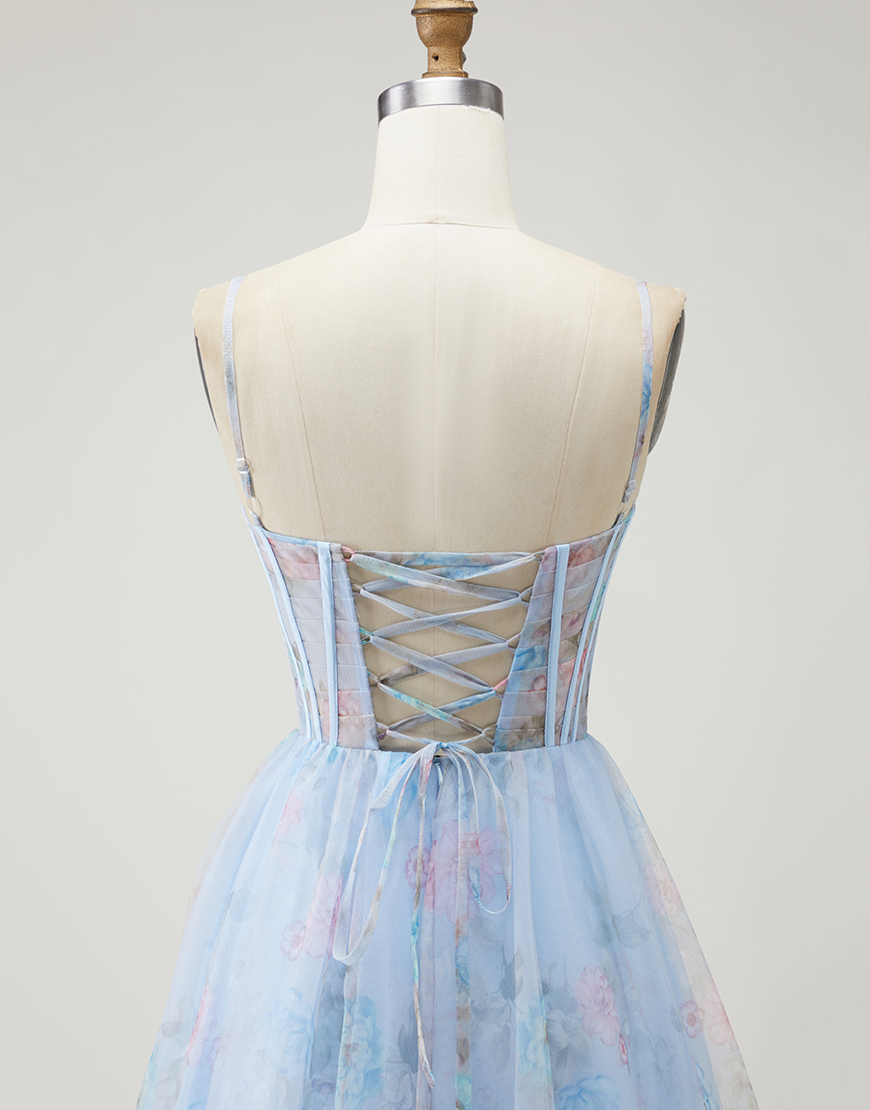 Blue Floral Corset Spaghetti Straps Long Prom Dress with Slit
