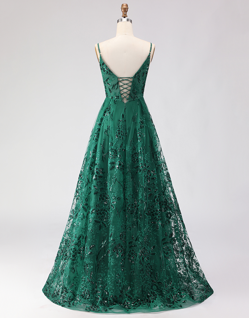 Sparkly Dark Green Lace Floral Long A Line Prom Dress with Slit