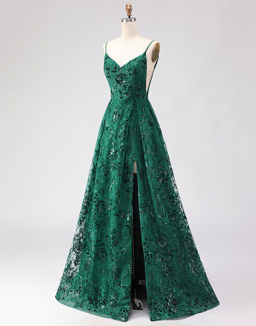 Sparkly Dark Green Lace Floral Long A Line Prom Dress with Slit