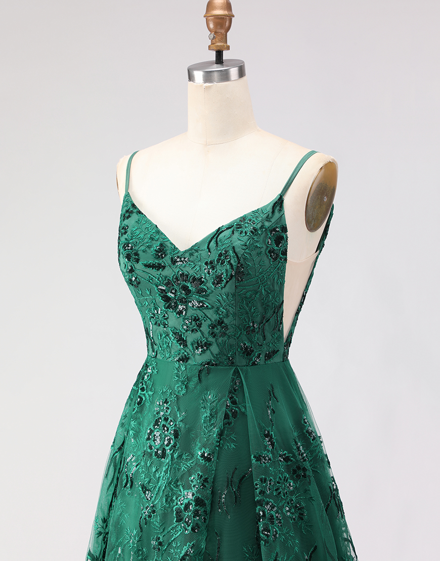 Sparkly Dark Green Lace Floral Long A Line Prom Dress with Slit