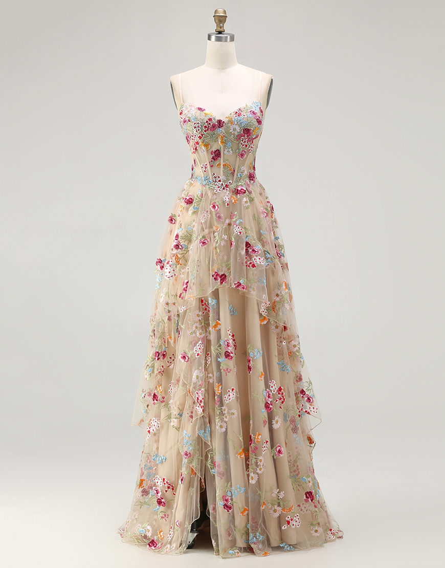 Berlinnova Women Sparkly Champagne Floral Corset Long Prom Dress with Ruffles A-Line Spaghetti Straps Pageant Dress with Slit