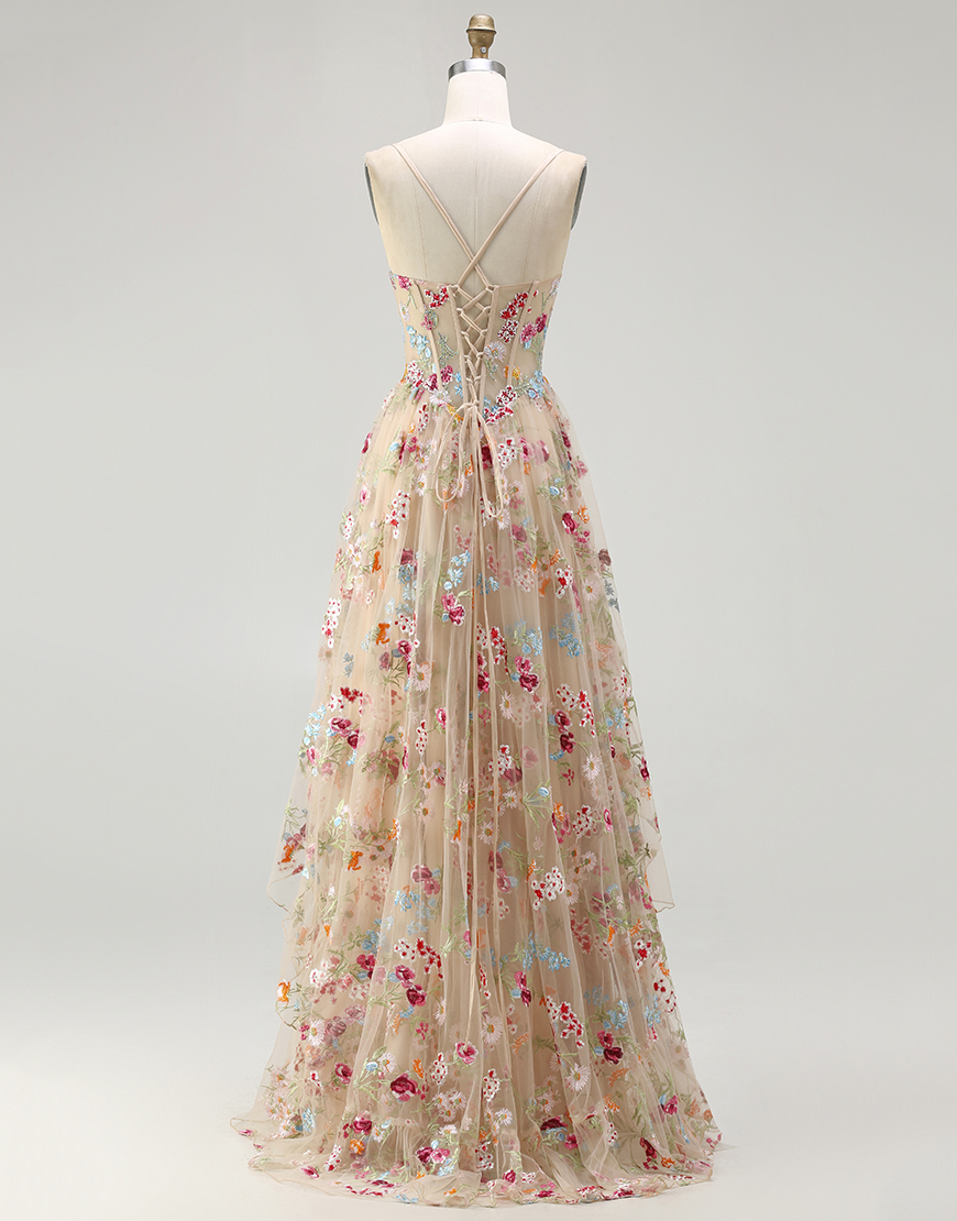 Sparkly Corset Champagne Flowers A-Line Long Prom Dress