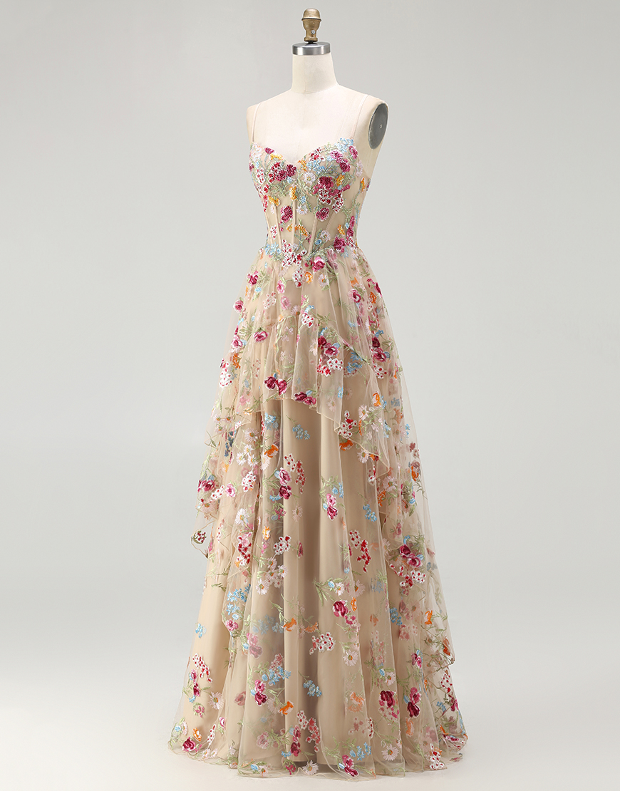 Sparkly Corset Champagne Flowers A-Line Long Prom Dress
