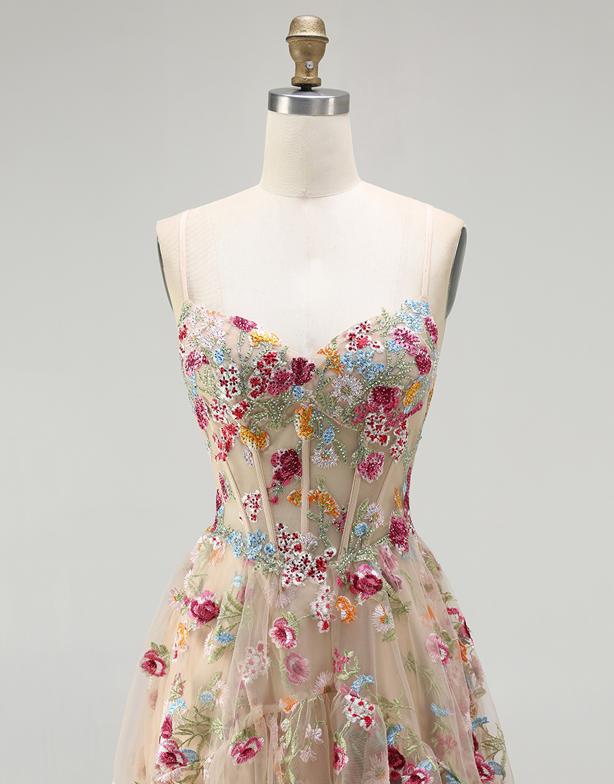 Sparkly Corset Champagne Flowers A-Line Long Prom Dress