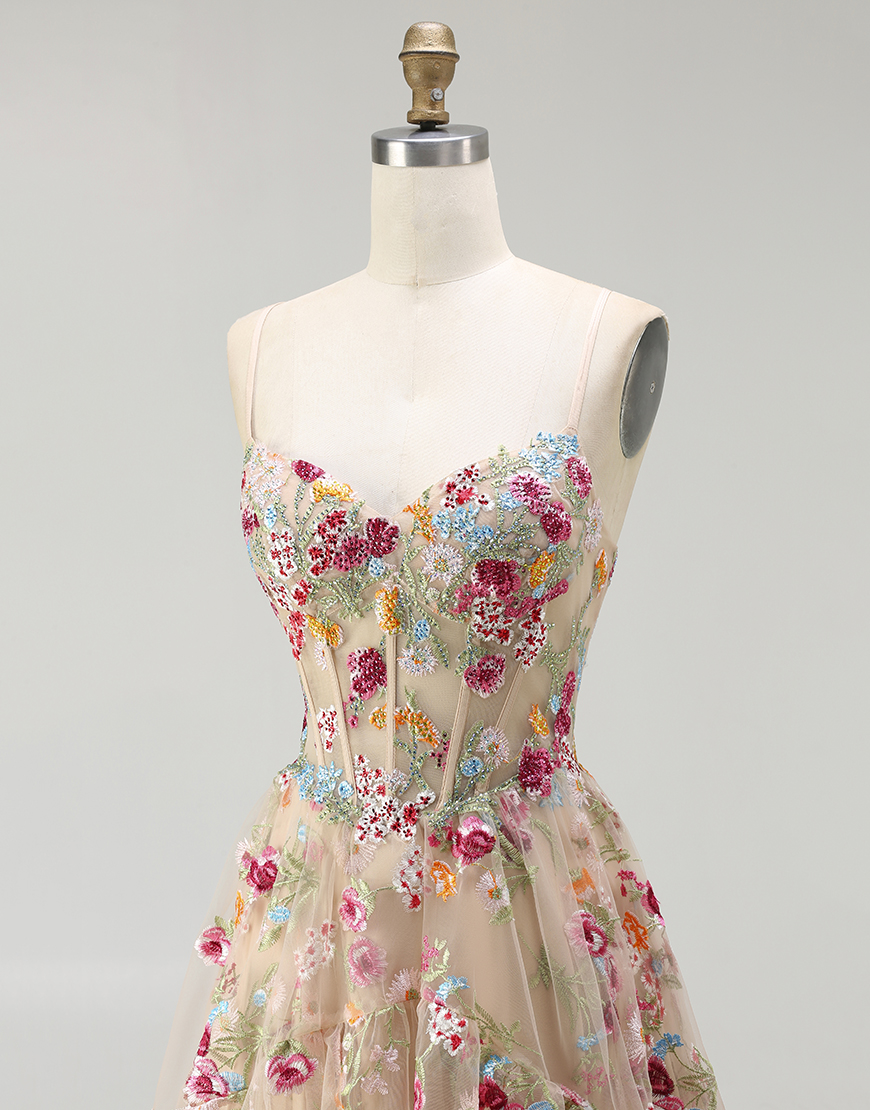 Sparkly Corset Champagne Flowers A-Line Long Prom Dress