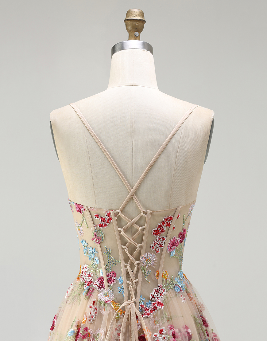 Sparkly Corset Champagne Flowers A-Line Long Prom Dress