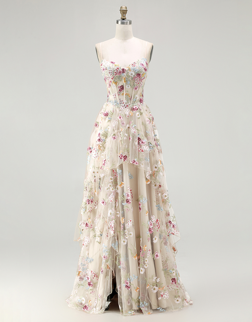 Sparkly Champagne Corset Flowers A-Line Long Prom Dress with Slit