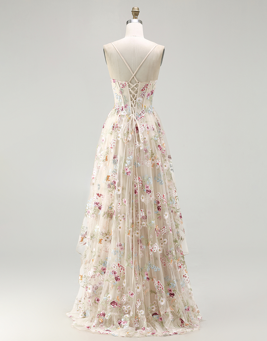 Sparkly Champagne Corset Flowers A-Line Long Prom Dress with Slit