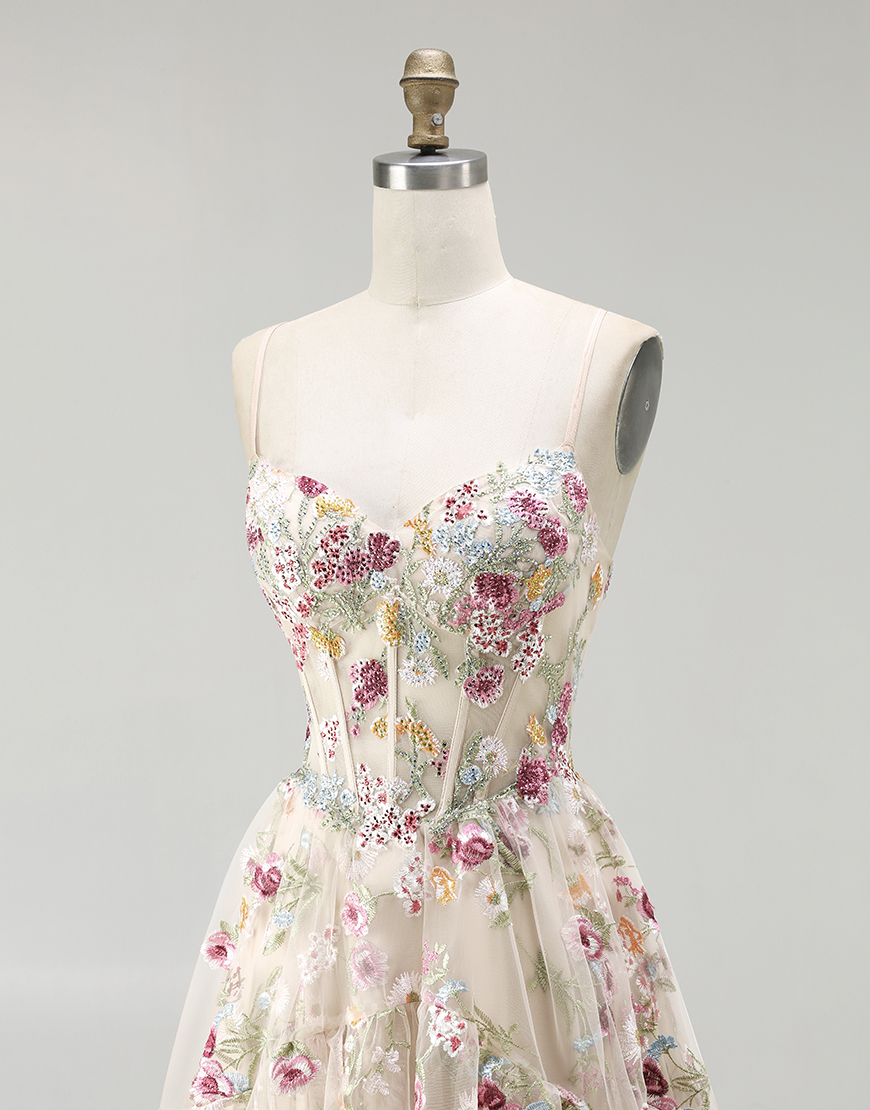 Sparkly Champagne Corset Flowers A-Line Long Prom Dress with Slit