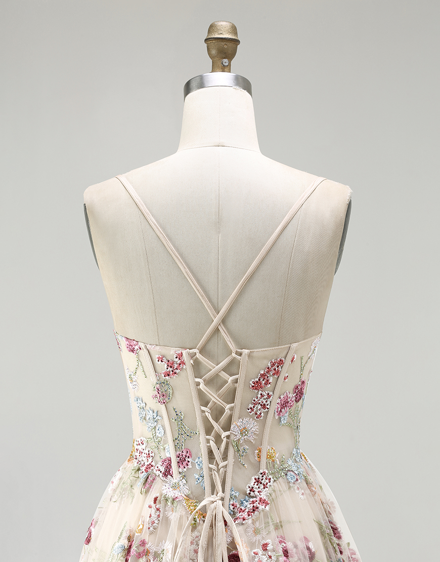 Sparkly Champagne Corset Flowers A-Line Long Prom Dress with Slit