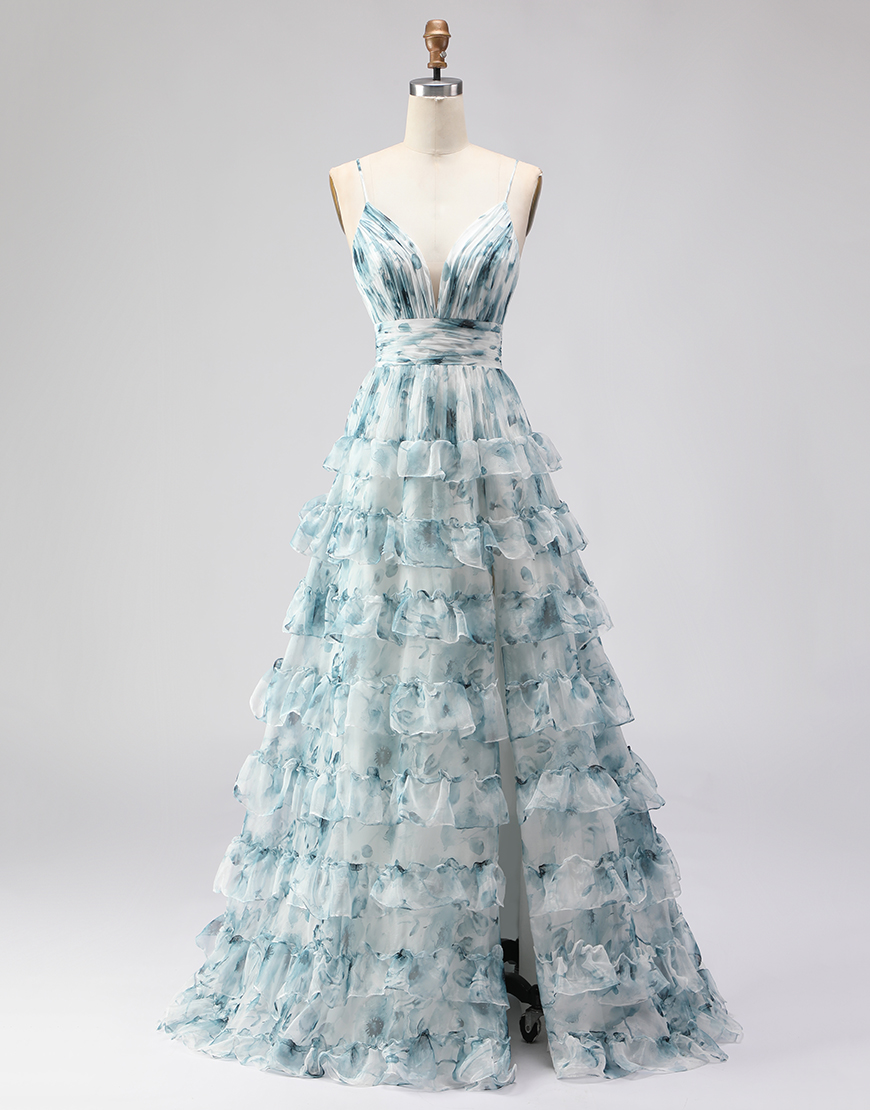 Blue Ruffled Tiered Long A-Line Prom Dress with Slit