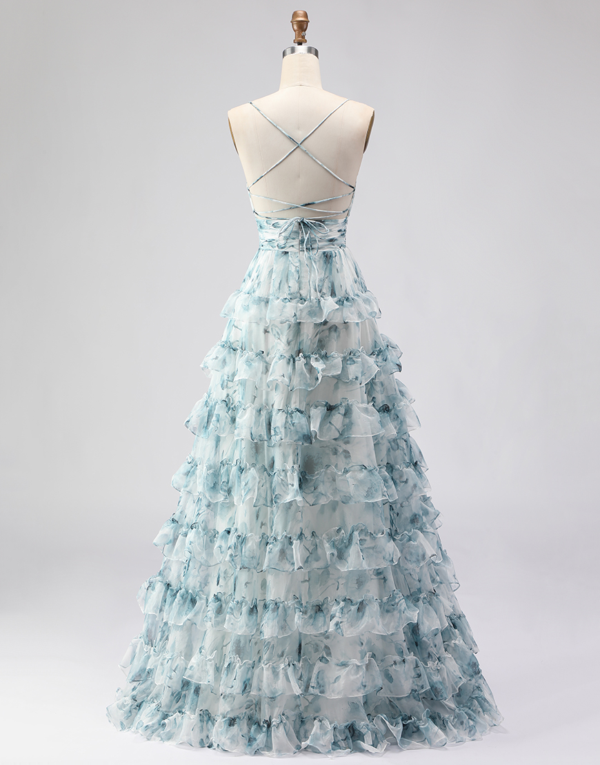 Blue Ruffled Tiered Long A-Line Prom Dress with Slit