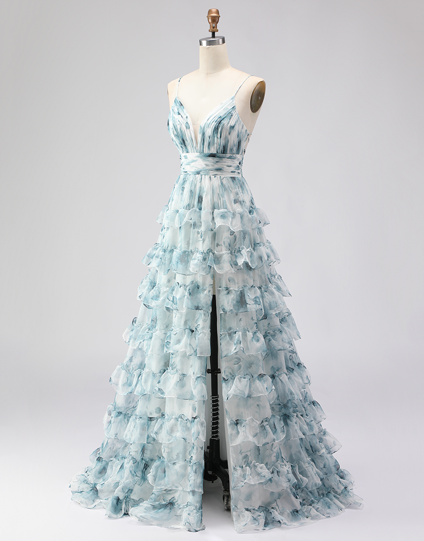 Blue Ruffled Tiered Long A-Line Prom Dress with Slit