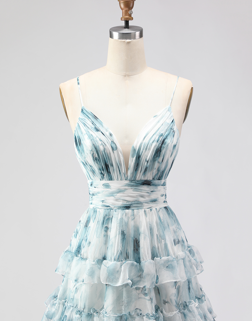 Blue Ruffled Tiered Long A-Line Prom Dress with Slit