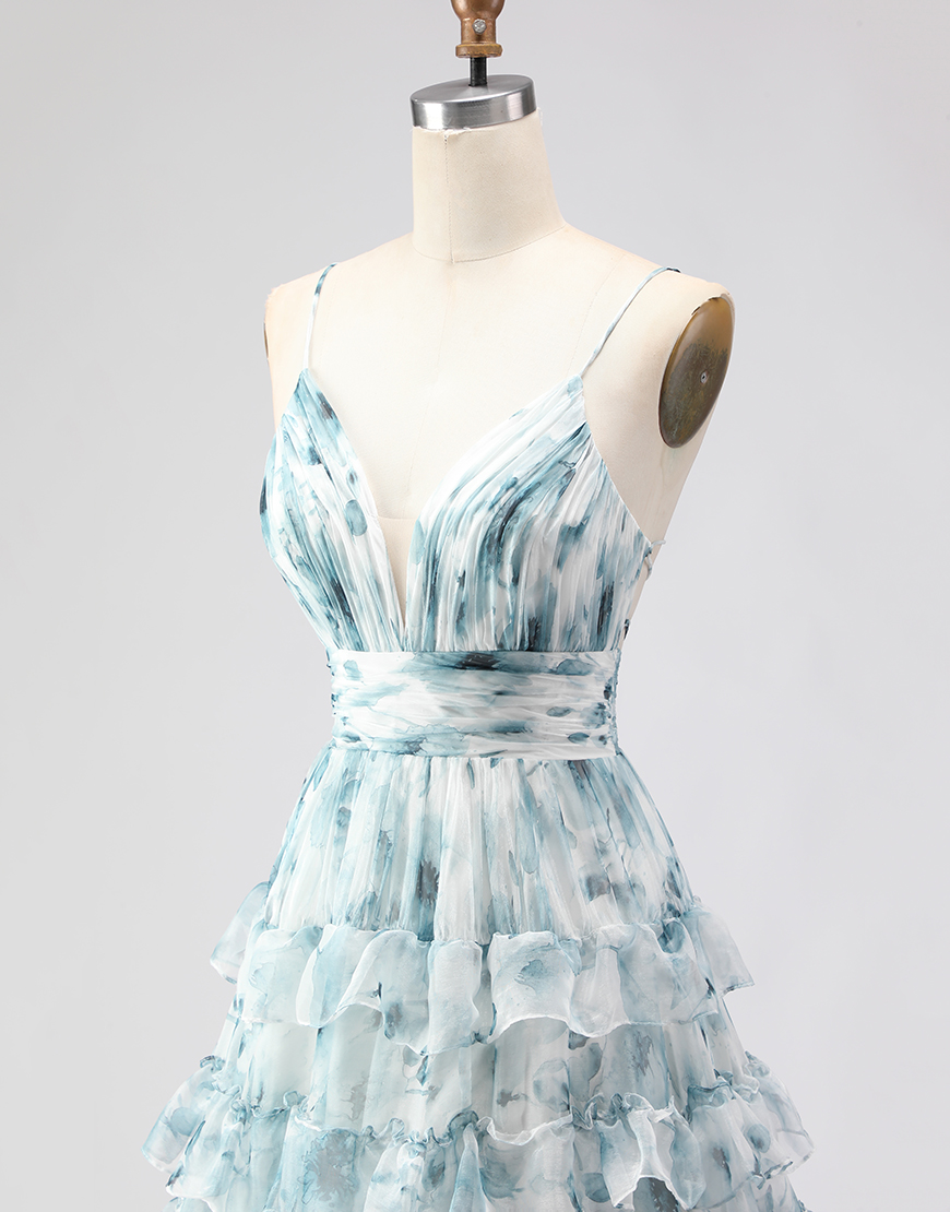 Blue Ruffled Tiered Long A-Line Prom Dress with Slit