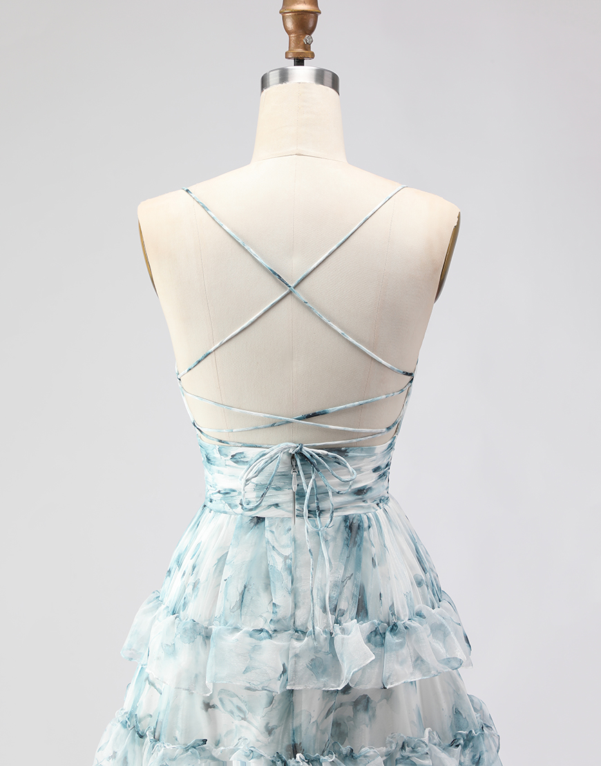 Blue Ruffled Tiered Long A-Line Prom Dress with Slit