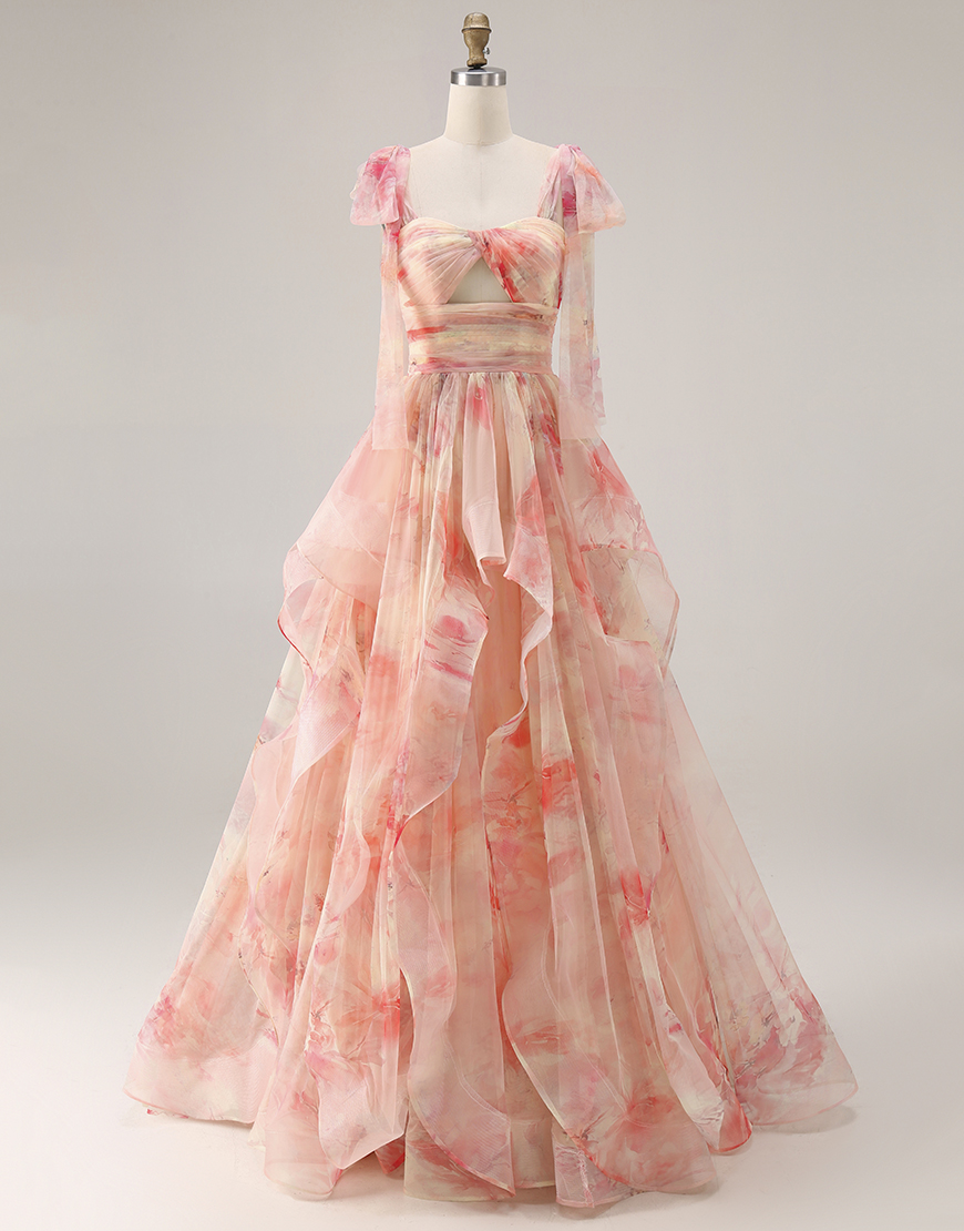 Sunset Cut Out A Line Ruffled Long Prom Dress with Keyhole