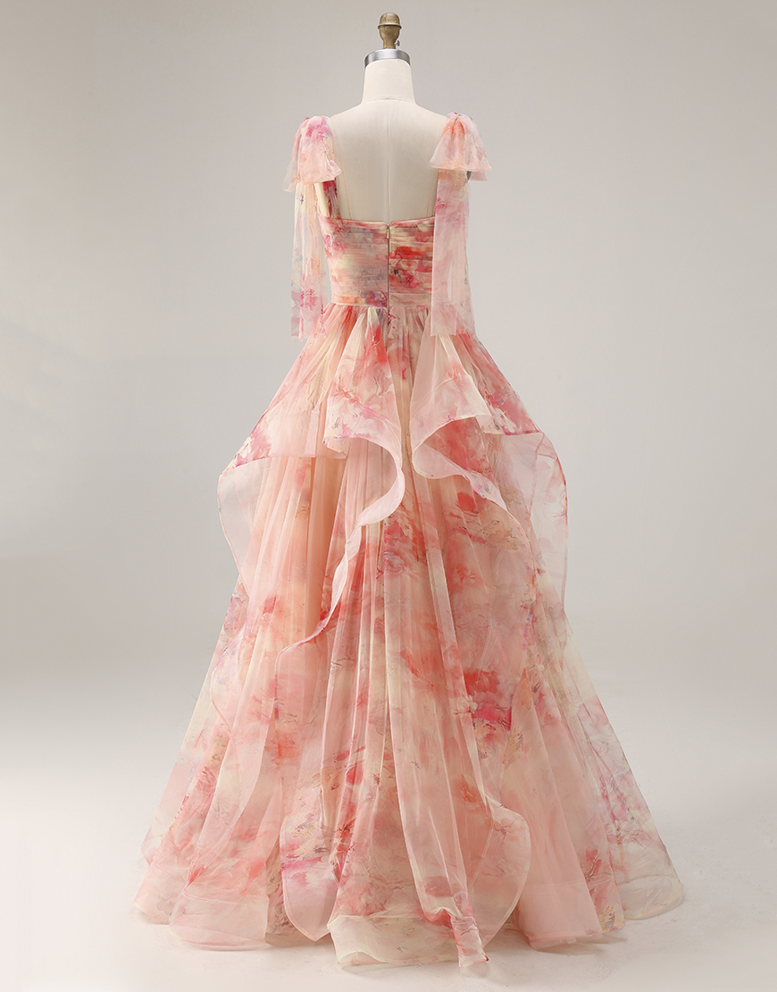 Sunset Cut Out A Line Ruffled Long Prom Dress with Keyhole