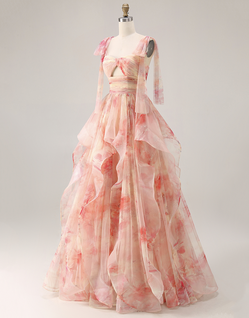 Sunset Cut Out A Line Ruffled Long Prom Dress with Keyhole
