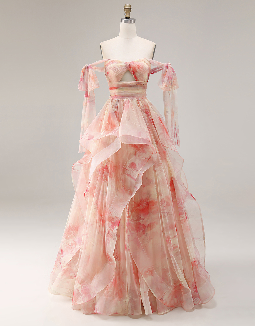 Sunset Cut Out A Line Ruffled Long Prom Dress with Keyhole