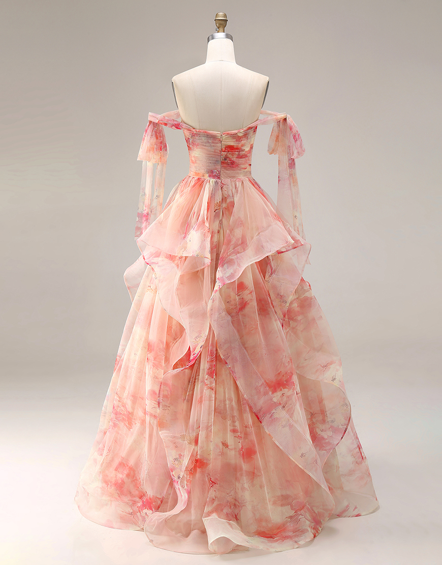 Sunset Cut Out A Line Ruffled Long Prom Dress with Keyhole