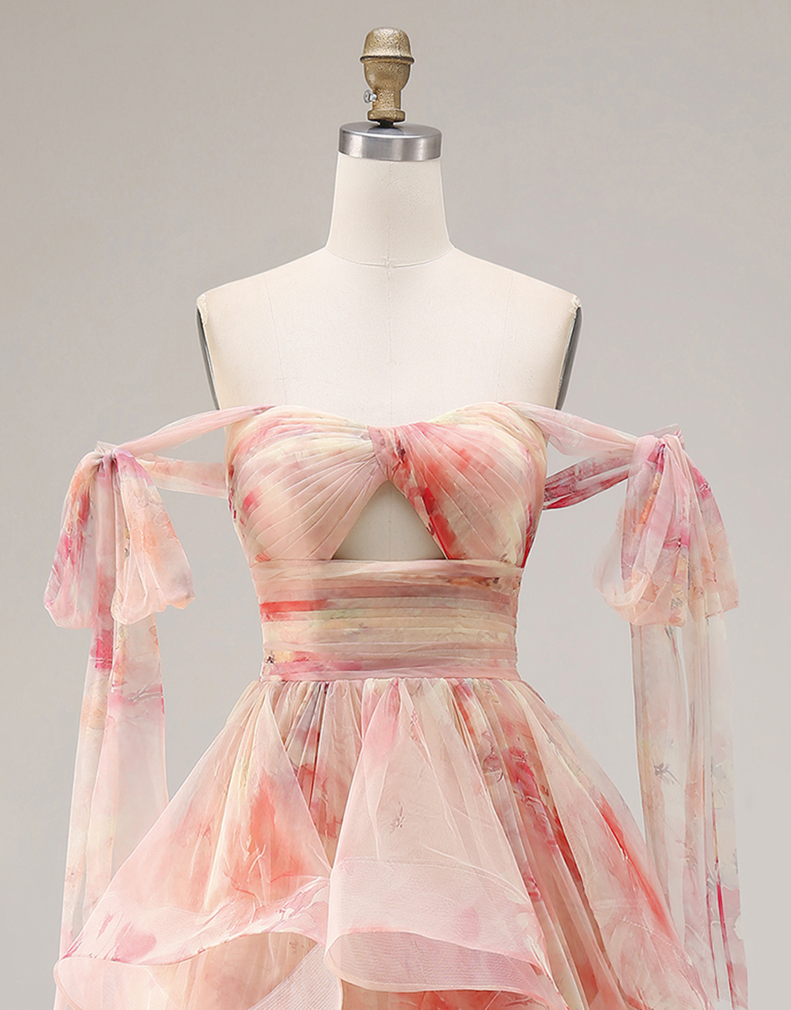 Sunset Cut Out A Line Ruffled Long Prom Dress with Keyhole