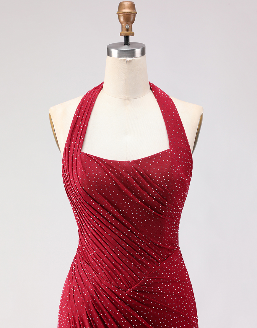 Sparkly Dark Red Mermaid Beaded Halter Long Prom Dress with Slit