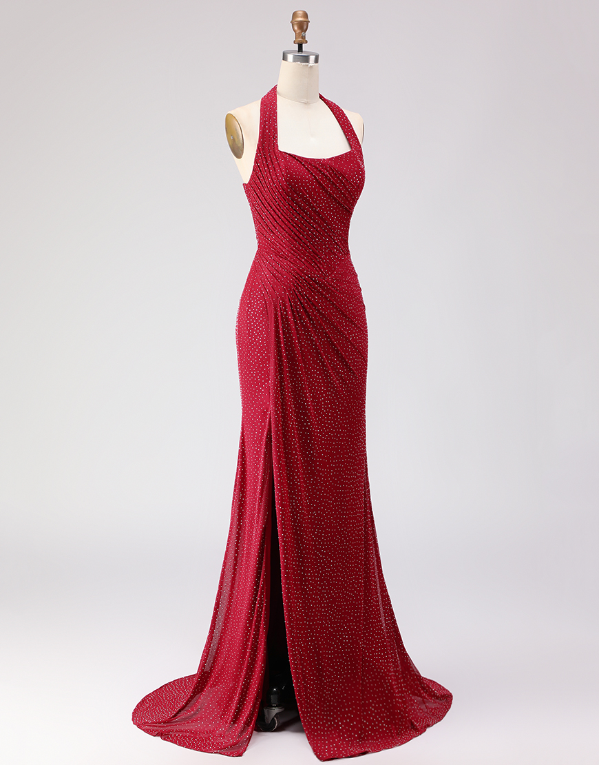 Sparkly Dark Red Mermaid Beaded Halter Long Prom Dress with Slit