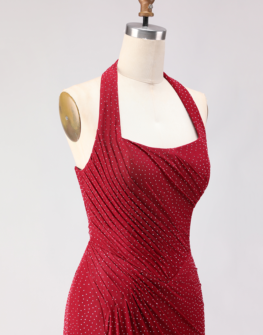 Sparkly Dark Red Mermaid Beaded Halter Long Prom Dress with Slit