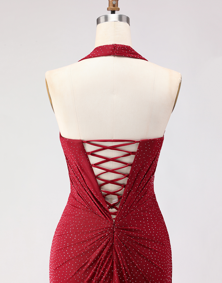 Sparkly Dark Red Mermaid Beaded Halter Long Prom Dress with Slit