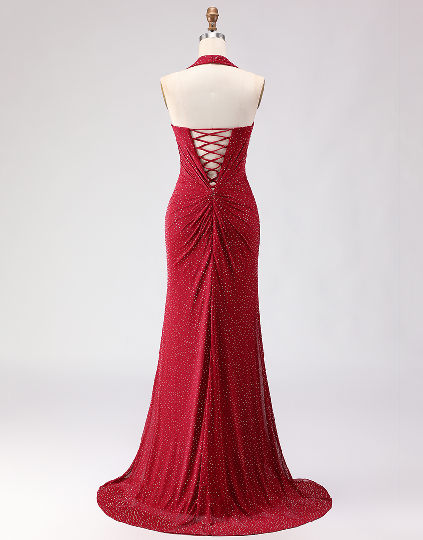 Sparkly Dark Red Mermaid Beaded Halter Long Prom Dress with Slit