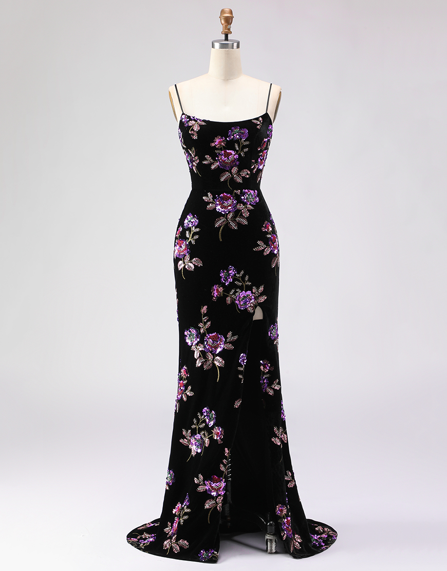 Floral Black Spaghetti Straps Mermaid Long Prom Dress with Slit