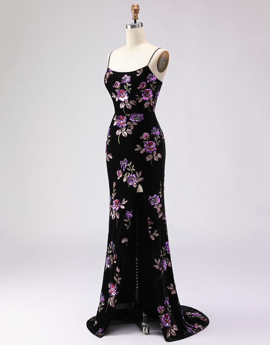 Floral Black Spaghetti Straps Mermaid Long Prom Dress with Slit