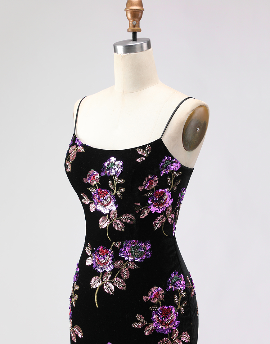 Floral Black Spaghetti Straps Mermaid Long Prom Dress with Slit