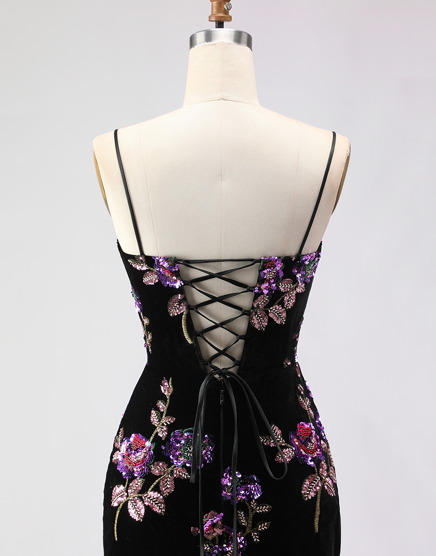 Floral Black Spaghetti Straps Mermaid Long Prom Dress with Slit