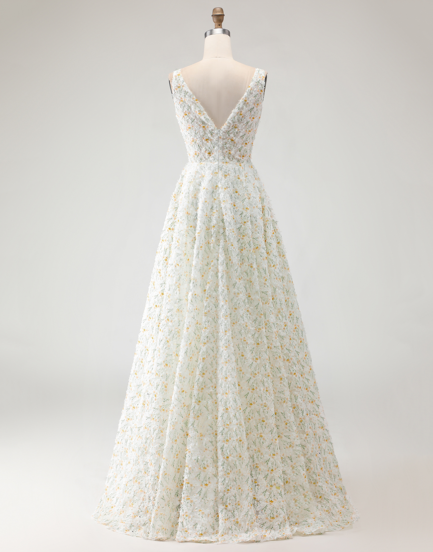 White and Yellow Floral Long A-Line Prom Dress