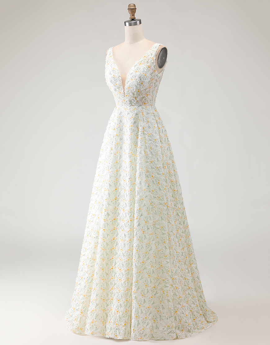 White and Yellow Floral Long A-Line Prom Dress