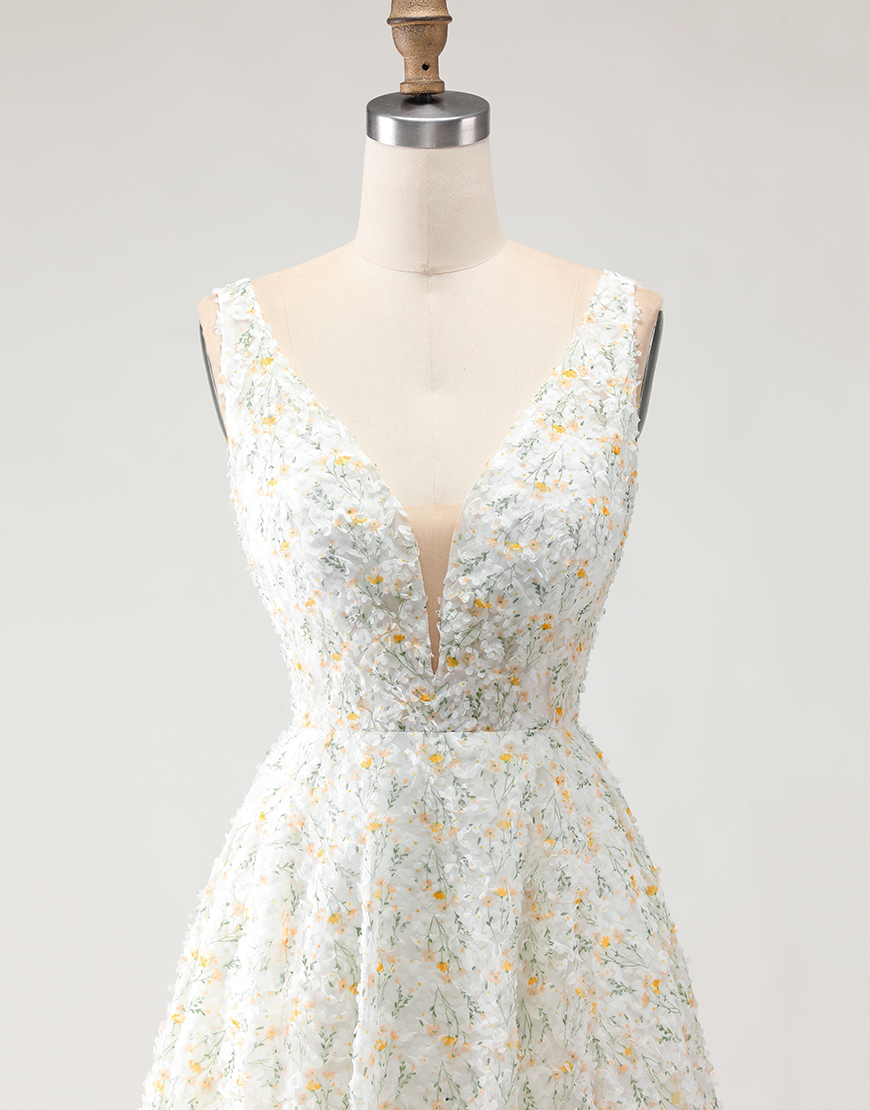 White and Yellow Floral Long A-Line Prom Dress