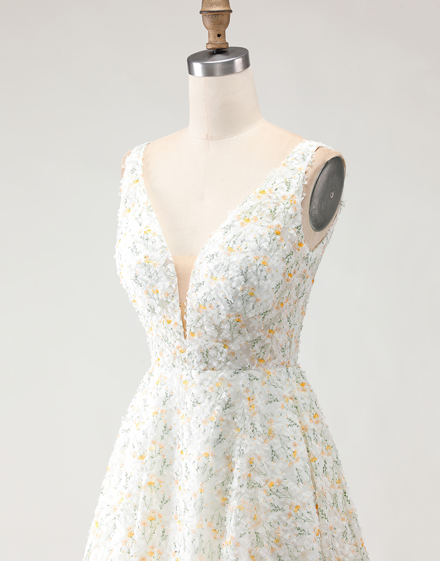 White and Yellow Floral Long A-Line Prom Dress